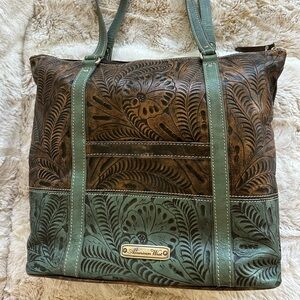 American West Floral Embossed Green and Brown Tote